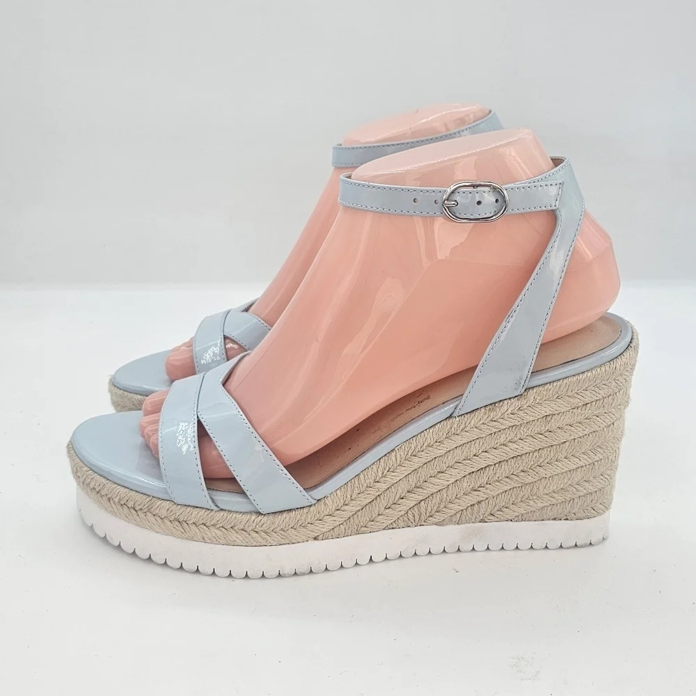 Stuart Weitzman Catlina Patent Leather Espadrille Wedge Sandals Baby Blue 7.5